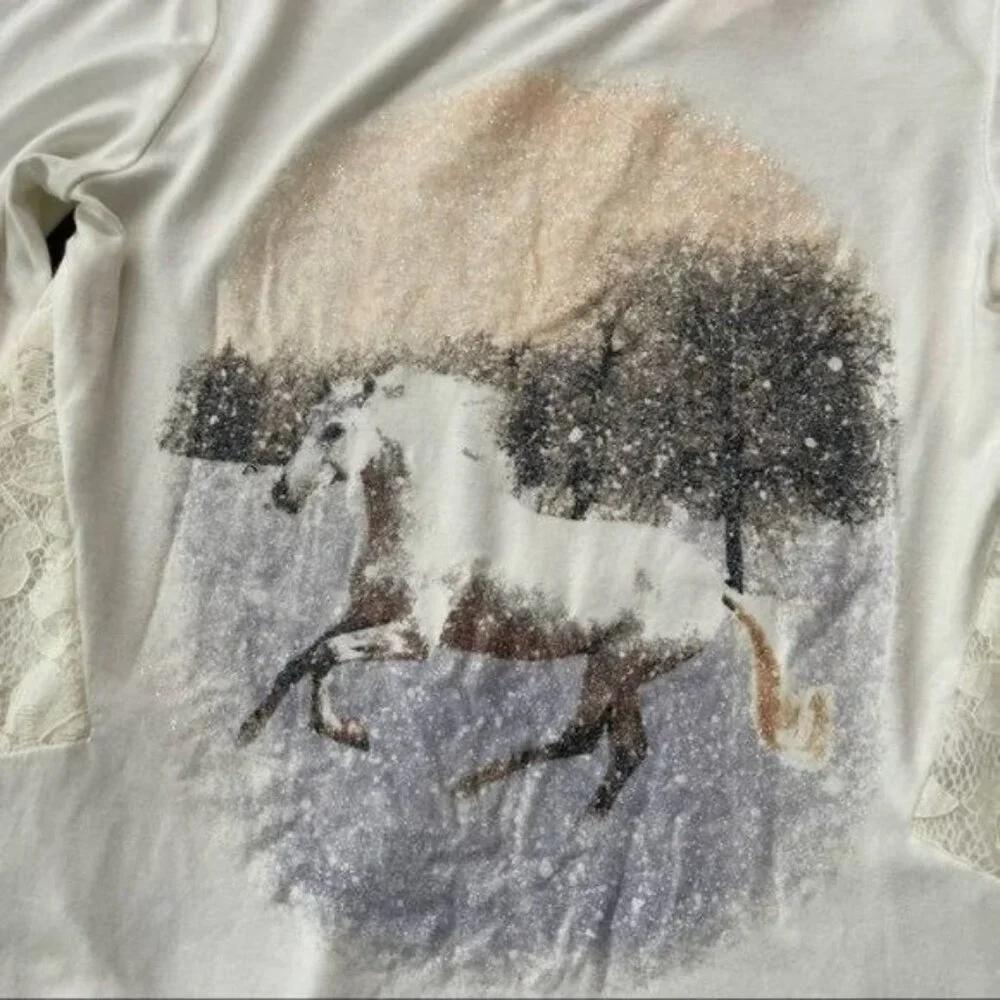 GB Girls Ivory Long Sleeve Top with Unicorn Print Shimmer Lace& Asymmetrical Hem - Picture 3 of 9